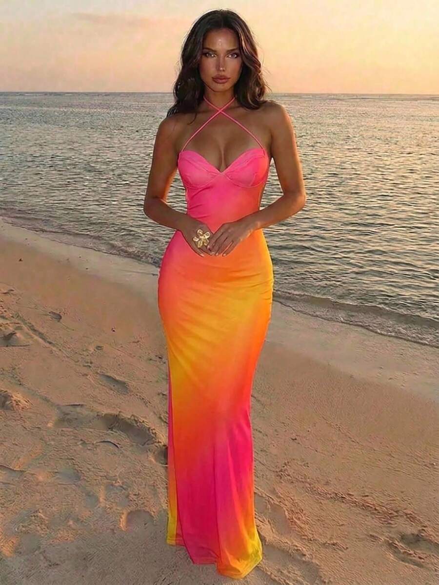 Cream floral crisscross halter maxi dress front view
