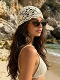 White textured floral mesh crochet beanie with raised appliques