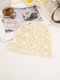 White textured floral mesh crochet beanie with raised appliques
