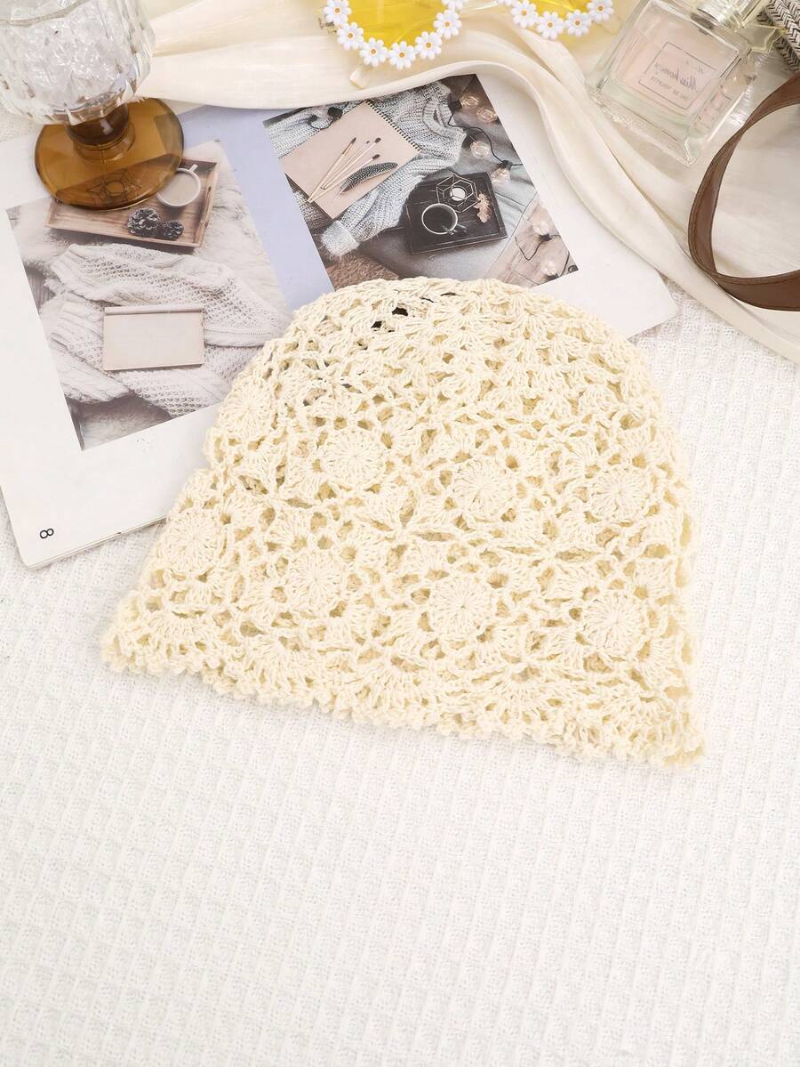 White textured floral mesh crochet beanie with raised appliques