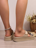Rear side view of khaki open heel slide sandals with thick flatform sole