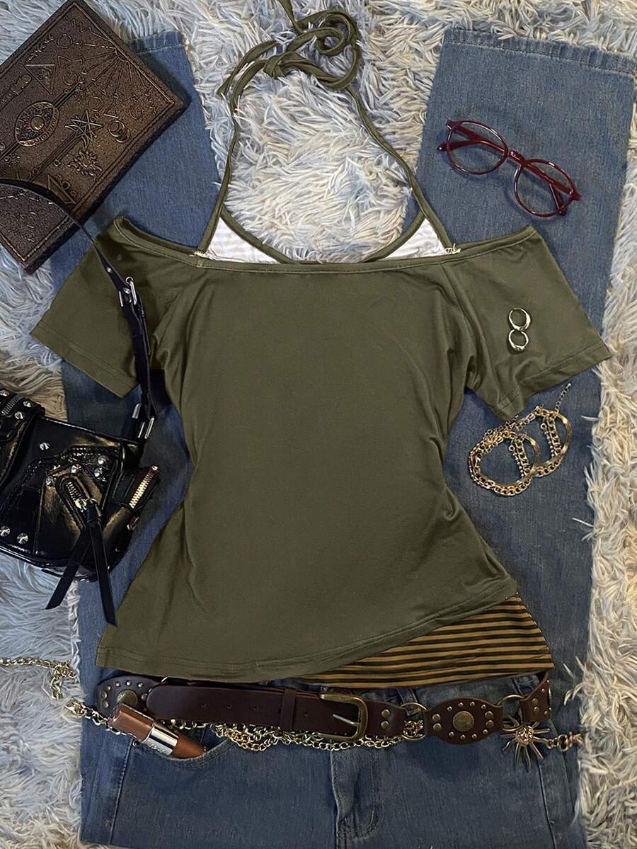 Back flat lay of olive off-shoulder top with striped tie-neck layer and curved outer hem