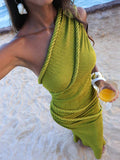 Close front view of olive green one-shoulder ruched bodycon maxi dress for beach vacation styling