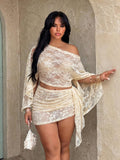 plus size two-piece beach club set with off-shoulder batwing crop top, sheer lightweight mesh or knit fabric, ruched side-tie mini skirt, exposed waist and print or solid color variants image 2