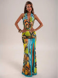 Back view of Chic Butterfly Print 2-Piece Vacation Set: Backless Camisole & Long Slit Maxi Skirt for Beach Getaways for women co-ord styling