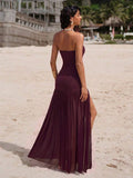 18 media show strapless maxi beach dress with bandeau neckline, bodycon drop waist, high slit, flowing sheer gathered skirt, variants orange floral, butter yellow, chocolate, burgundy, leopard, pink mixed print. image 11