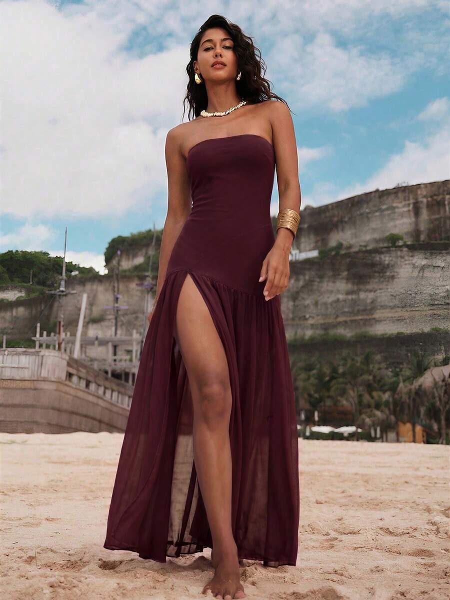 18 media show strapless maxi beach dress with bandeau neckline, bodycon drop waist, high slit, flowing sheer gathered skirt, variants orange floral, butter yellow, chocolate, burgundy, leopard, pink mixed print. image 12