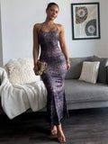 Front full body view of purple leopard print halter bodycon maxi dress