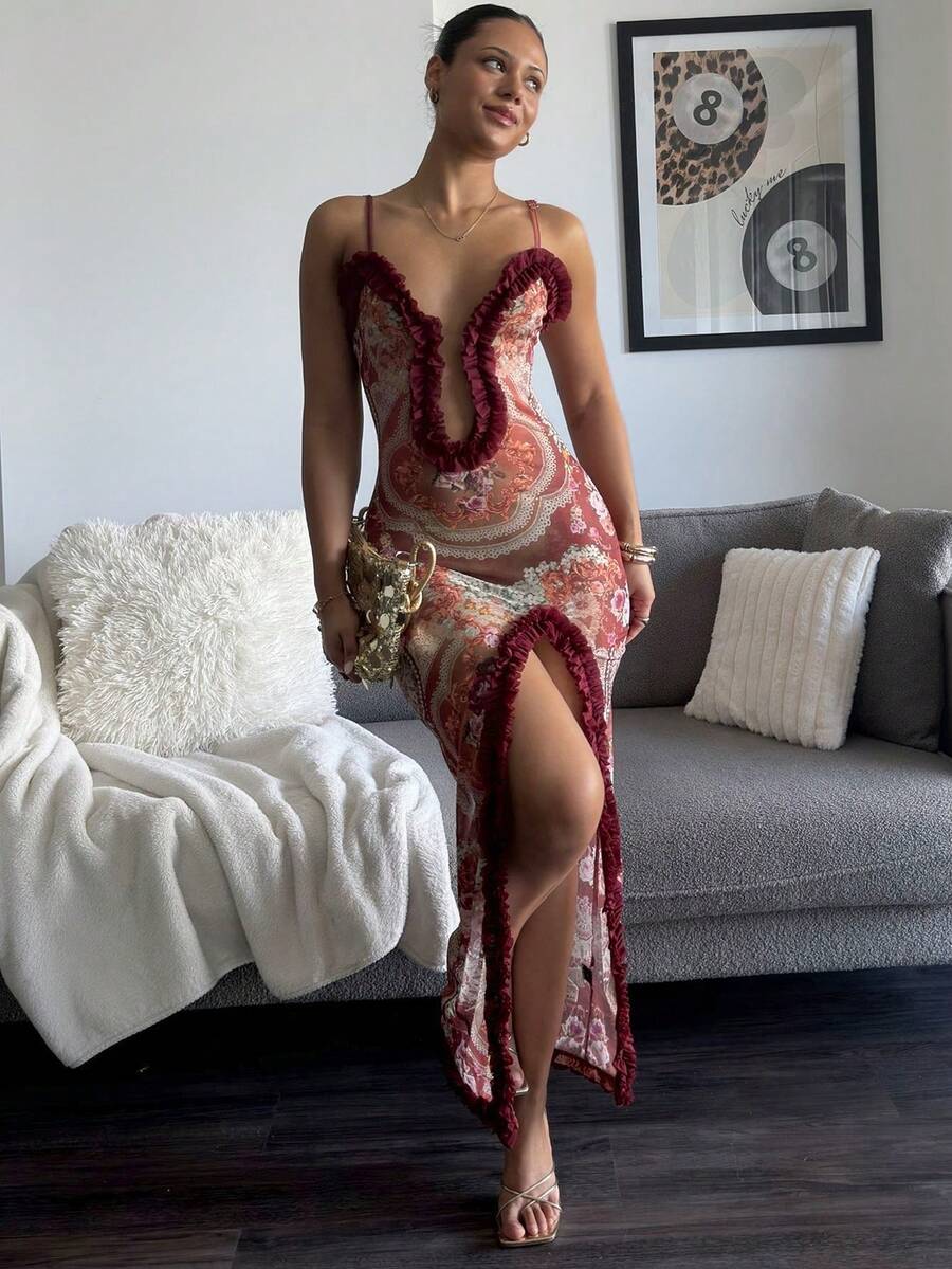 Front view of floral paisley ruffle maxi dress with plunging neckline and high thigh slit