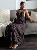Full view of brown polka dot vacation maxi dress with fluid straight hem