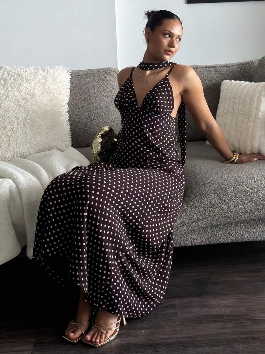 Full view of brown polka dot vacation maxi dress with fluid straight hem