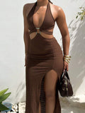 Side view of coffee cut out maxi dress showing high thigh slit and bodycon fit