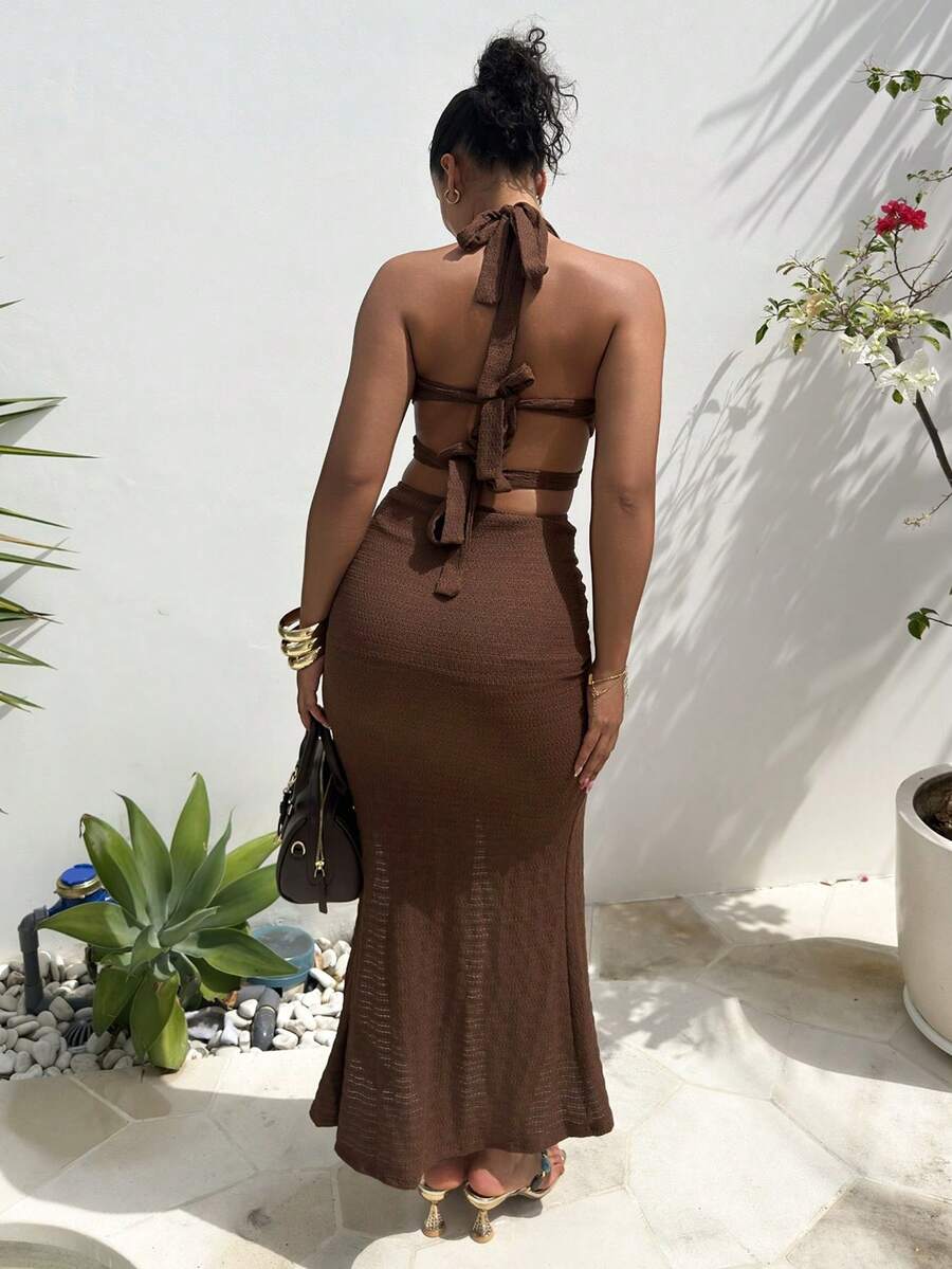 Full view of coffee halter split thigh maxi dress with textured knit finish
