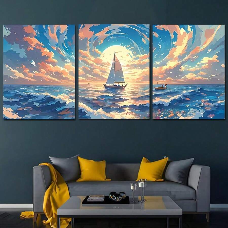 Three panel sailboat ocean sunset canvas art set above sofa
