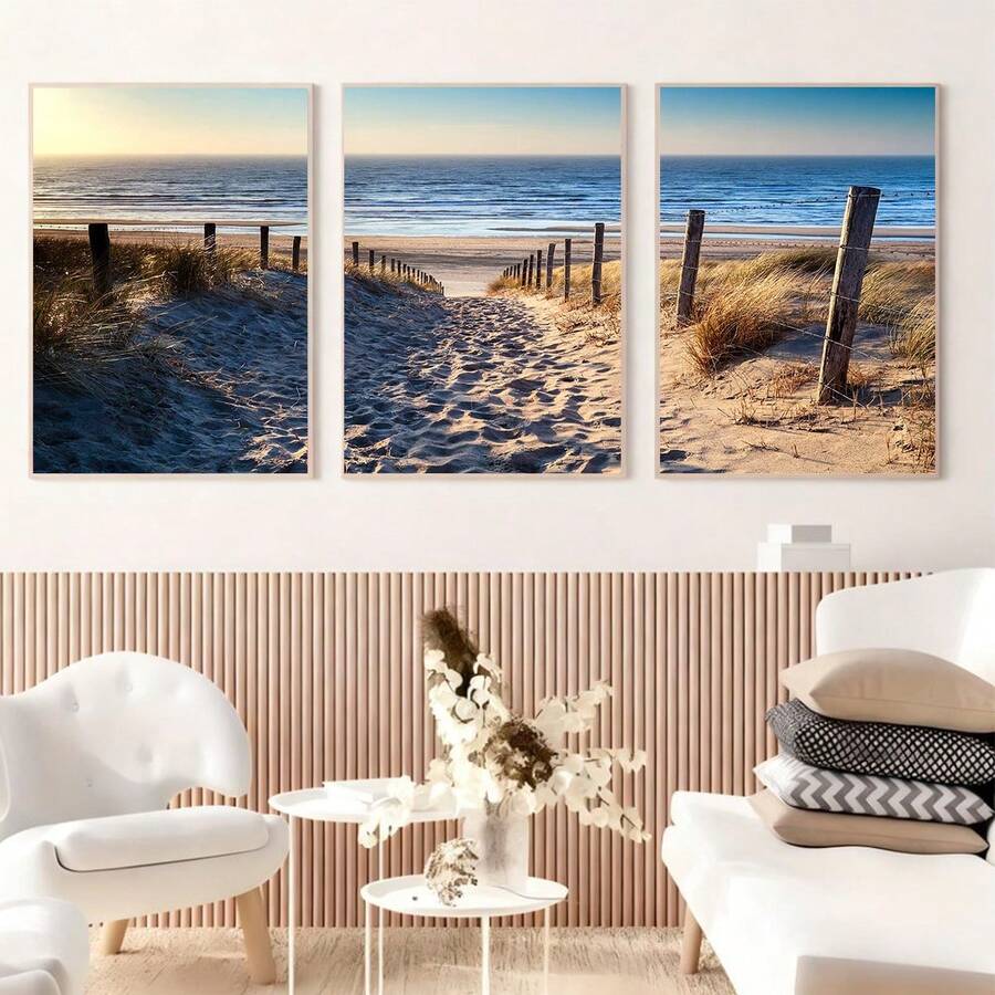 Seaside sunrise dune path triptych canvas art in living room