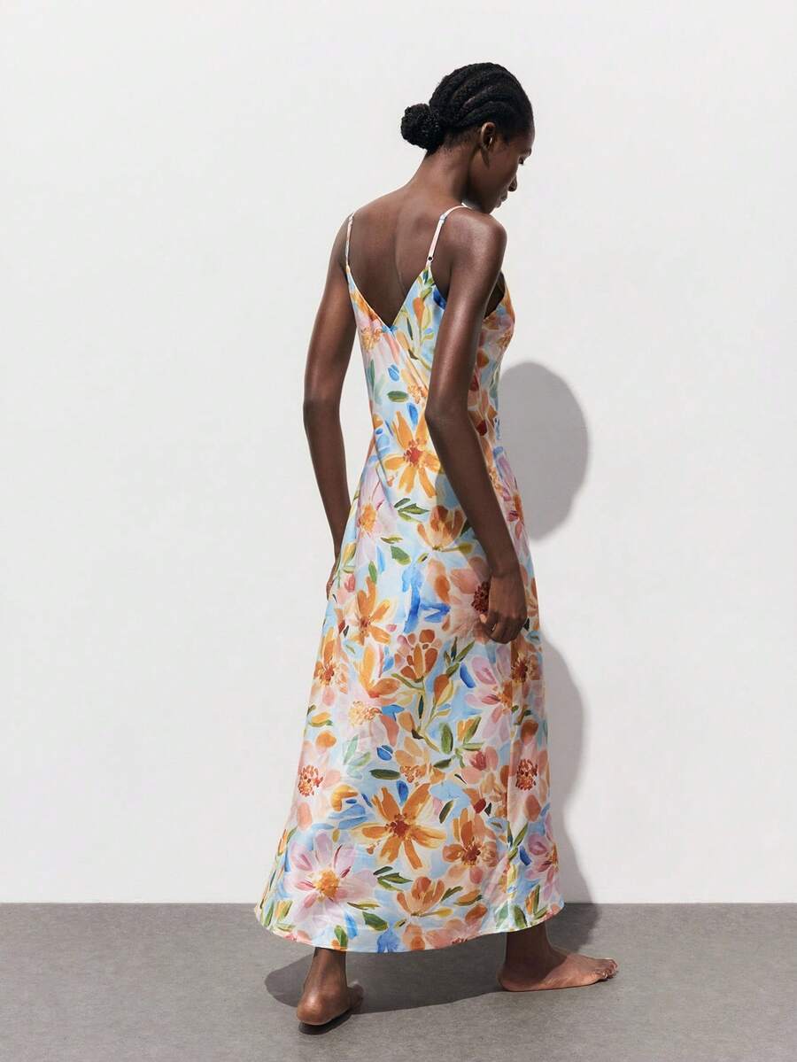 Elegant Off-White Floral Print Sleeveless Dress for Autumn Vacations and Holiday Events