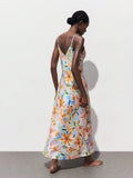 Elegant Off-White Floral Print Sleeveless Dress for Autumn Vacations and Holiday Events