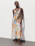 Elegant Off-White Floral Print Sleeveless Dress for Autumn Vacations and Holiday Events