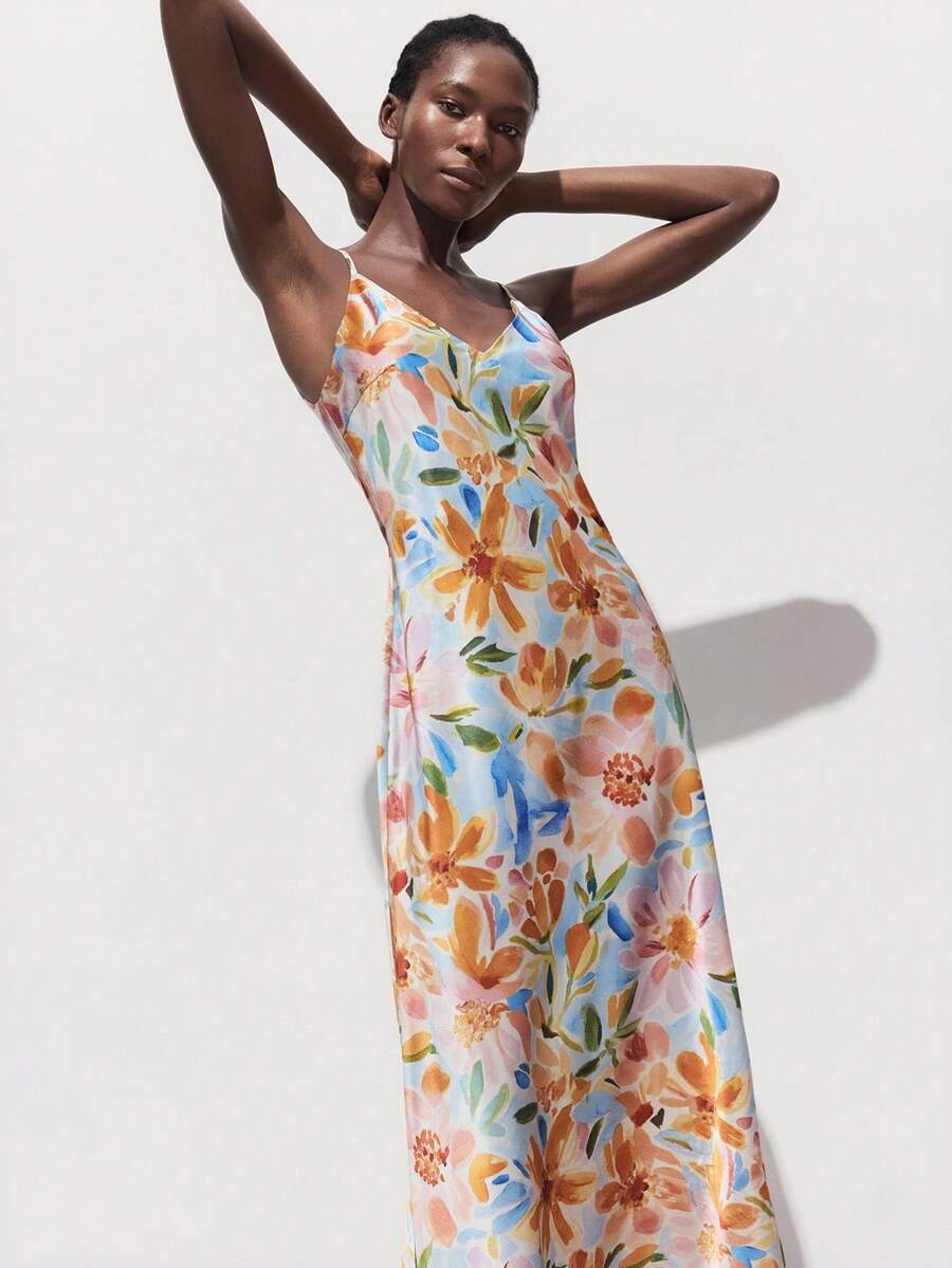 Elegant Off-White Floral Print Sleeveless Dress for Autumn Vacations and Holiday Events