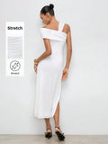 Shop an elegant asymmetric collar mid length dress, perfect for summer parties, weddings, brunch dates, garden celebrations, and special occasions.
