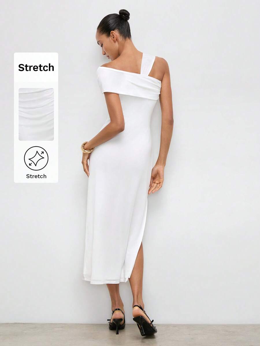 Shop an elegant asymmetric collar mid length dress, perfect for summer parties, weddings, brunch dates, garden celebrations, and special occasions.