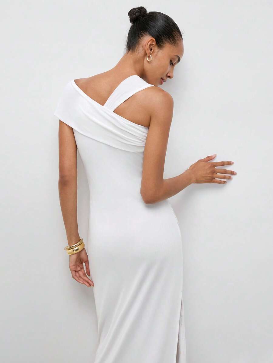 Shop an elegant asymmetric collar mid length dress, perfect for summer parties, weddings, brunch dates, garden celebrations, and special occasions.