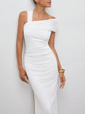 Shop an elegant asymmetric collar mid length dress, perfect for summer parties, weddings, brunch dates, garden celebrations, and special occasions.
