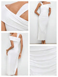 Shop an elegant asymmetric collar mid length dress, perfect for summer parties, weddings, brunch dates, garden celebrations, and special occasions.