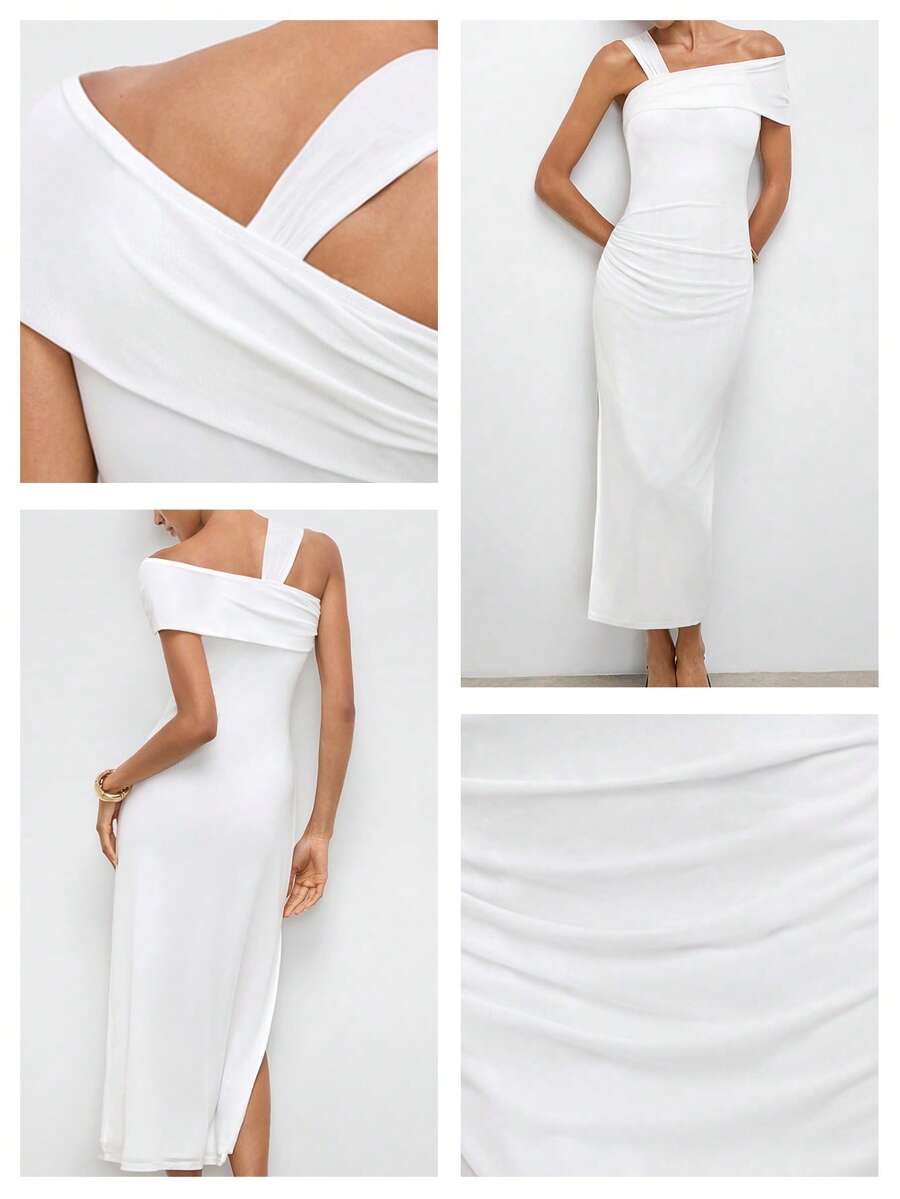 Shop an elegant asymmetric collar mid length dress, perfect for summer parties, weddings, brunch dates, garden celebrations, and special occasions.