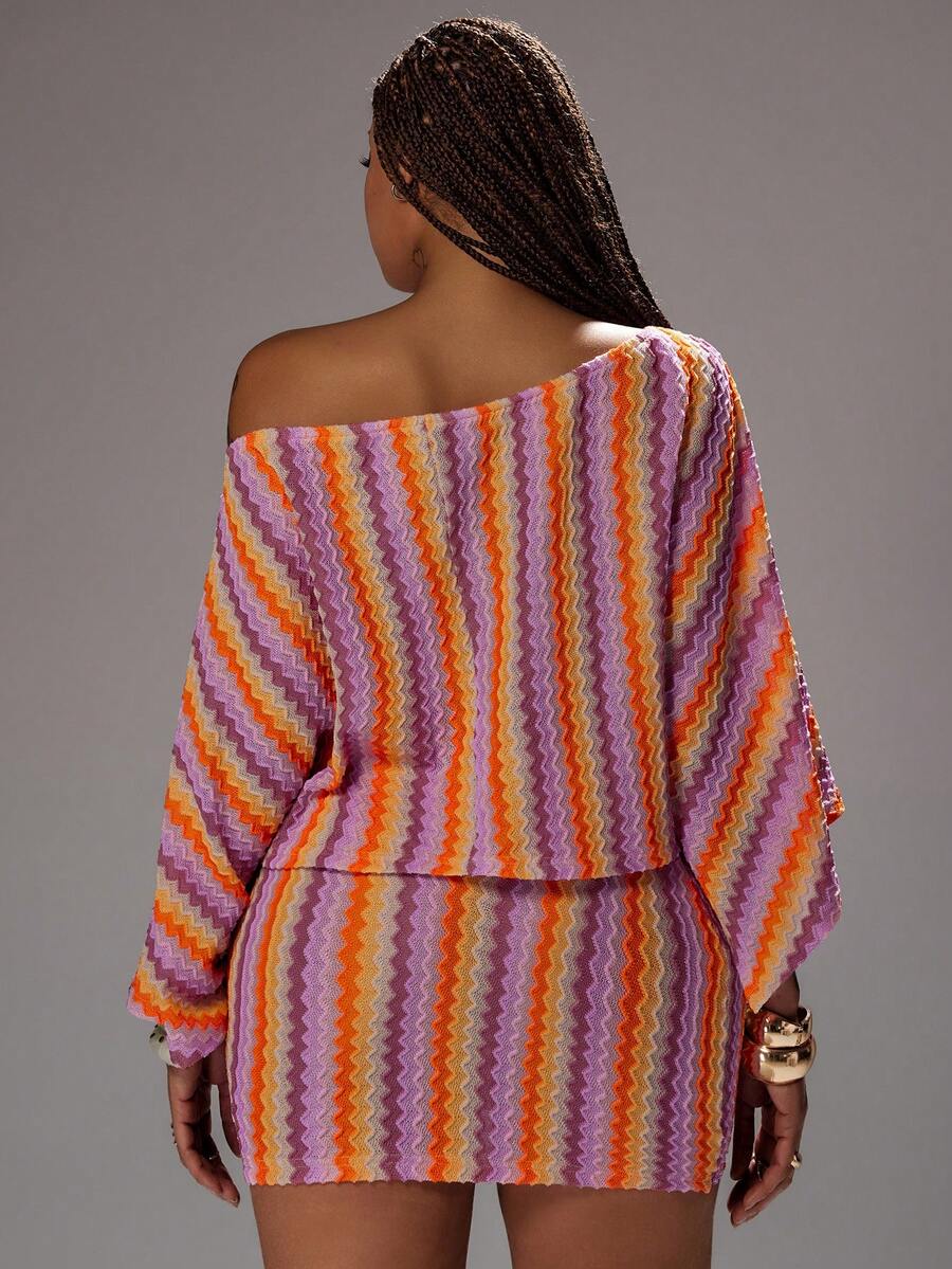 plus size two-piece skirt set with multicolor purple orange beige chevron stripes, asymmetrical one-shoulder draped batwing top, exposed shoulder, textured knit look and matching high waist fitted mini skirt image 2