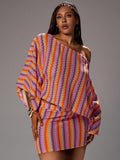 plus size two-piece skirt set with multicolor purple orange beige chevron stripes, asymmetrical one-shoulder draped batwing top, exposed shoulder, textured knit look and matching high waist fitted mini skirt image 3