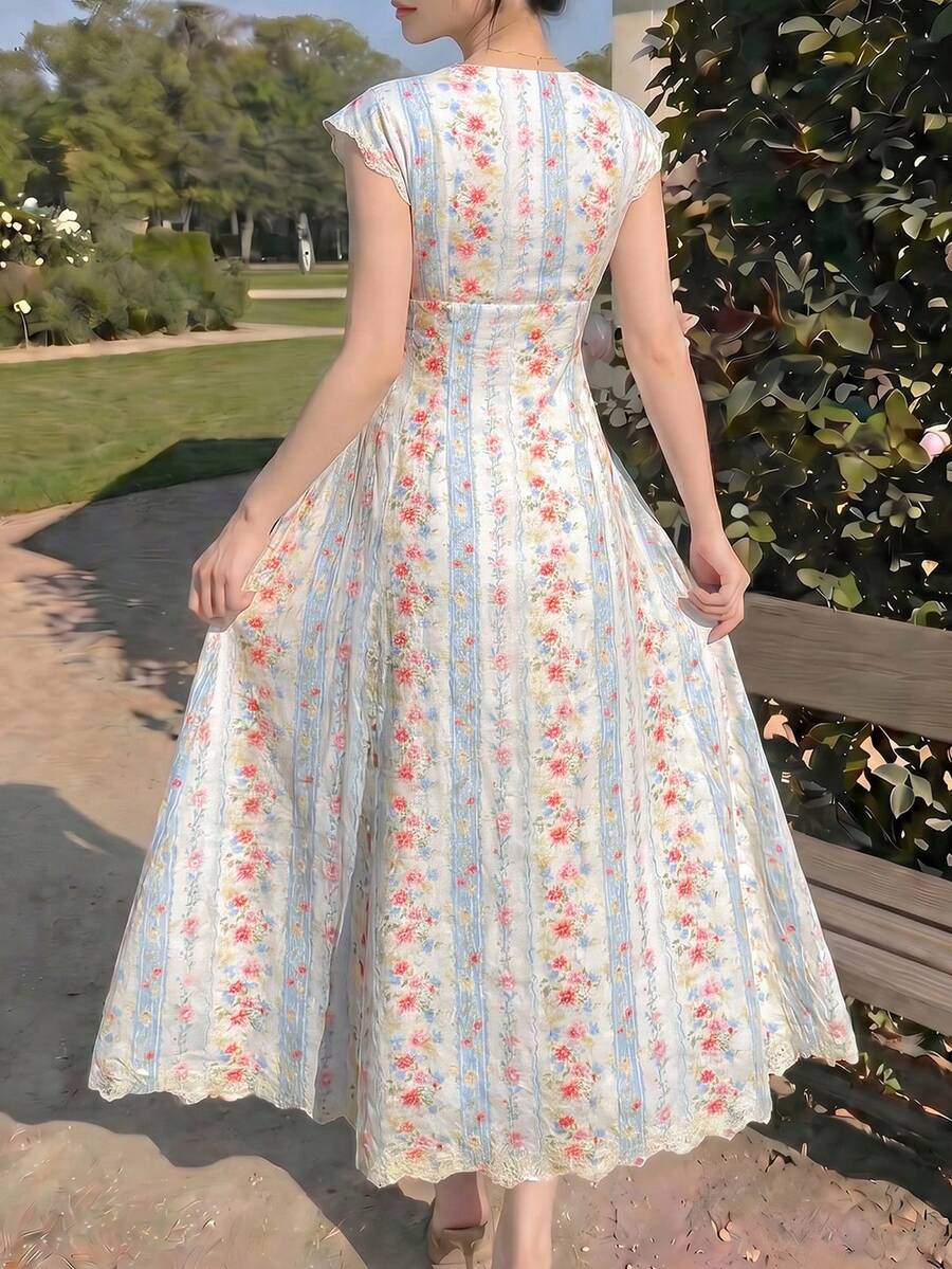 Front view of cream floral striped V neck lace trim midi dress showing visible color, trim, and silhouette