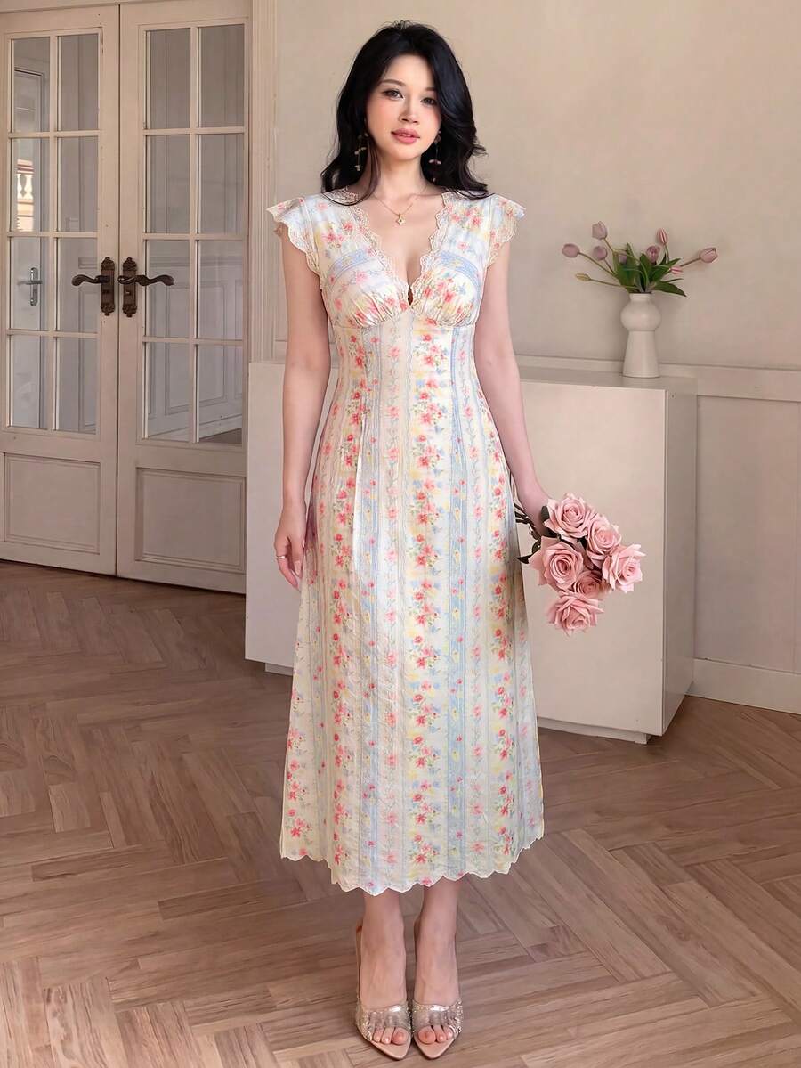 Close detail view of cream floral striped V neck lace trim midi dress showing visible color, trim, and silhouette
