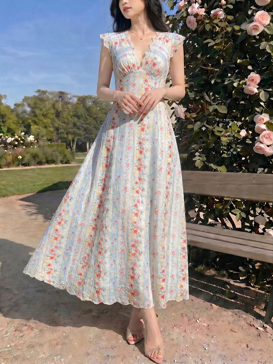 Styled view of cream floral striped V neck lace trim midi dress showing visible color, trim, and silhouette