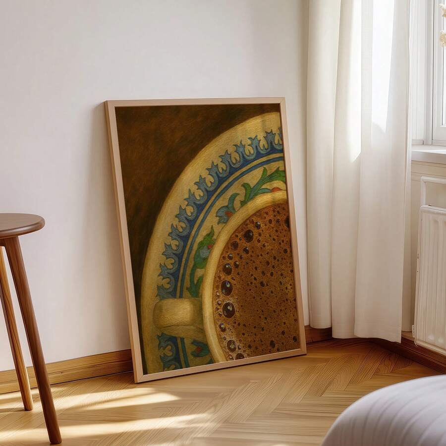 Framed mockup of vintage Arabic coffee cup art print leaning on sunlit wall with wood floor