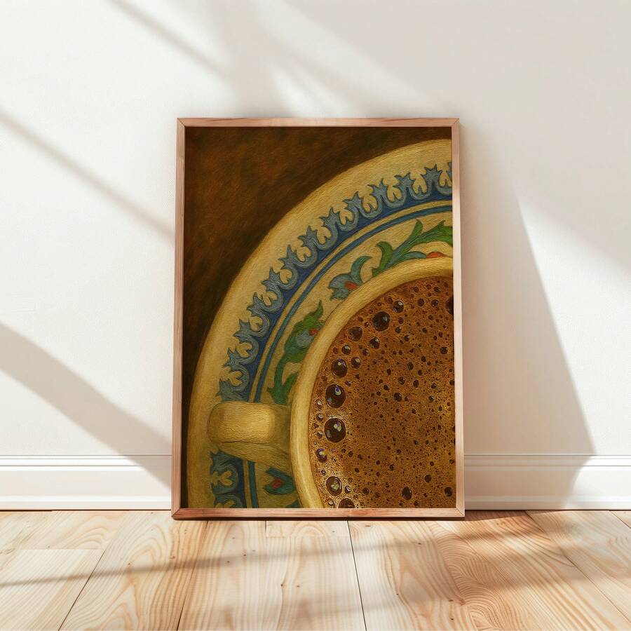 Framed mockup of vintage Arabic coffee cup art print leaning on sunlit wall with wood floor