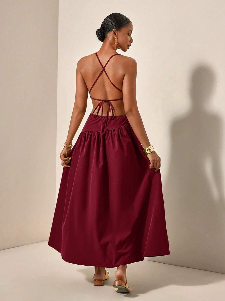 Burgundy one-shoulder cutout maxi dress front view