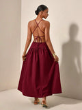 Back view burgundy open-back crisscross tie maxi dress