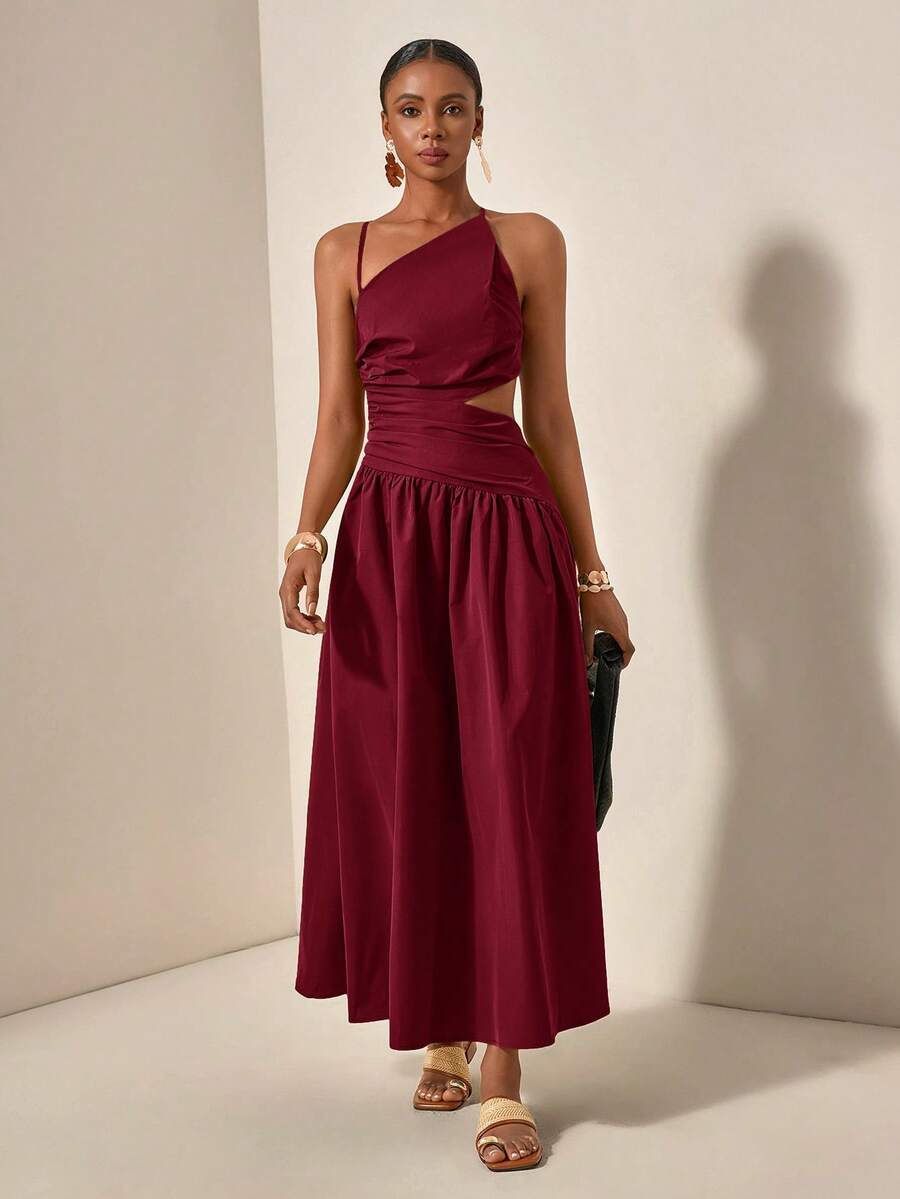 Burgundy one-shoulder cutout maxi dress front view