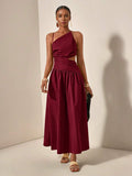 Burgundy one-shoulder cutout maxi dress front view