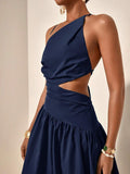 Close-up navy one-shoulder maxi dress with side waist cutout and pleated bodice