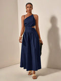 Navy one-shoulder maxi dress with side cutout and gathered skirt