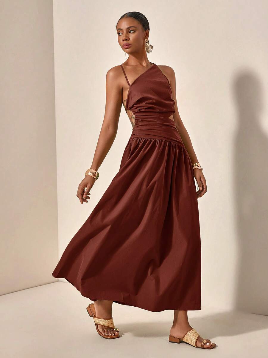 Brown one-shoulder maxi dress in motion with side cutout and full skirt