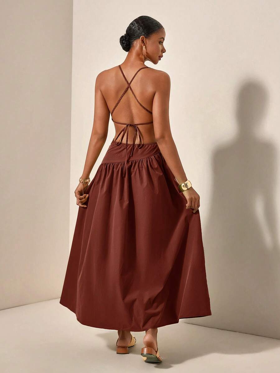 Back view brown maxi dress with crisscross tie straps and open back