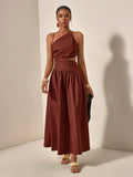 Brown one-shoulder maxi dress with side cutout and gathered skirt