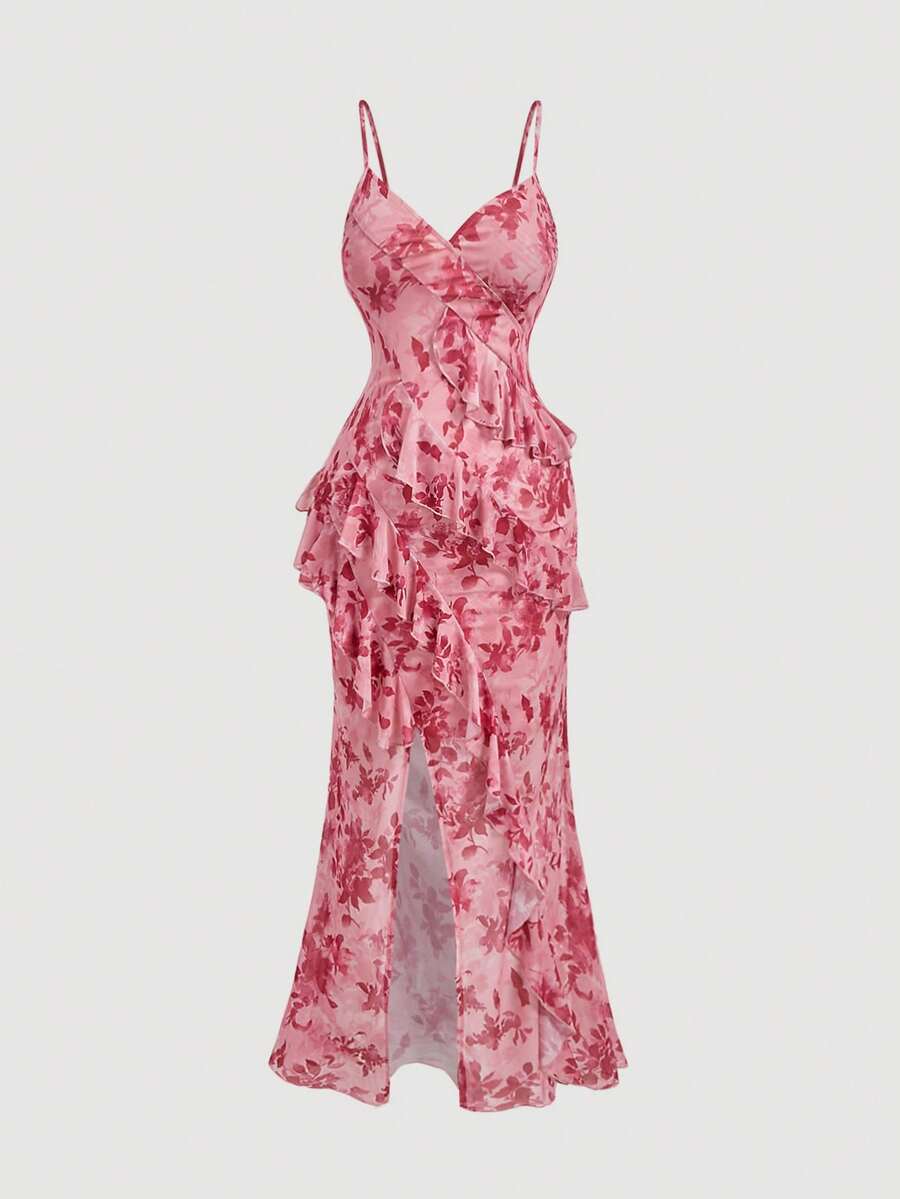 Model wearing pink floral ruffle maxi dress in a flower field