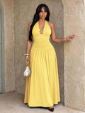 plus size halter maxi dress with deep V neckline, back neck tie bow, open shoulders, ruched waist panel, gold starfish charm, gathered A-line maxi skirt and solid or printed vacation colorways image 24