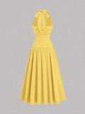 plus size halter maxi dress with deep V neckline, back neck tie bow, open shoulders, ruched waist panel, gold starfish charm, gathered A-line maxi skirt and solid or printed vacation colorways image 25