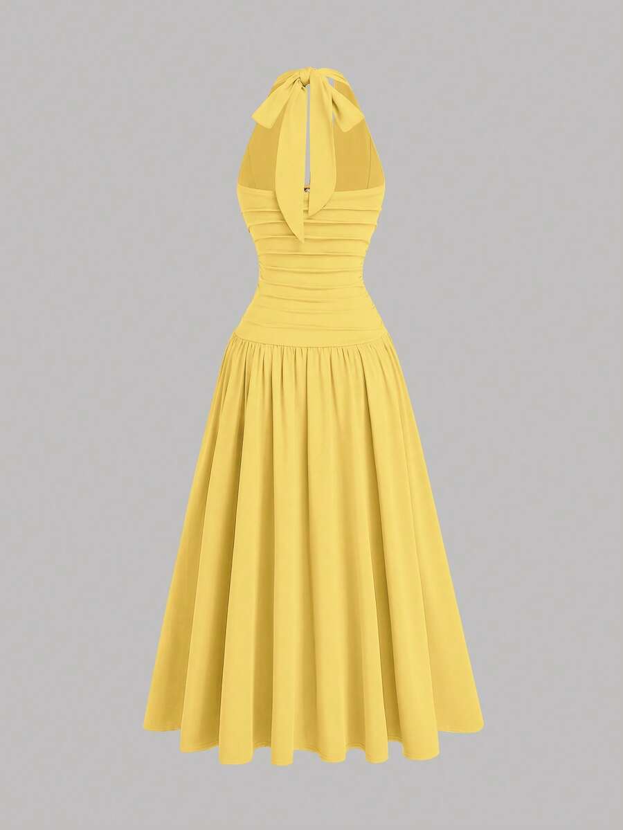 plus size halter maxi dress with deep V neckline, back neck tie bow, open shoulders, ruched waist panel, gold starfish charm, gathered A-line maxi skirt and solid or printed vacation colorways image 25
