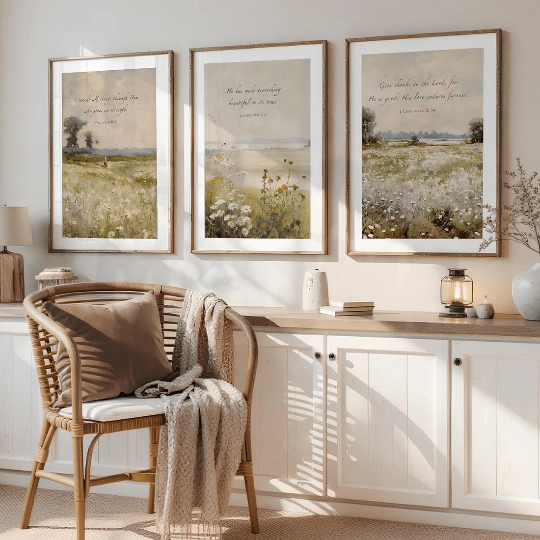 Set of three Christian Bible verse meadow canvas prints in light wood frames